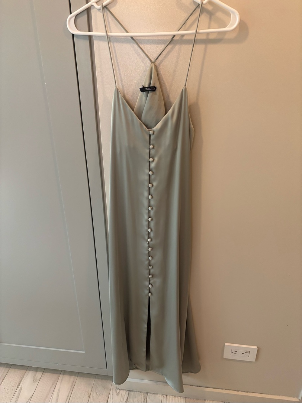 Zara NWOT Olive Satin Slip Dress with Pearl Buttons